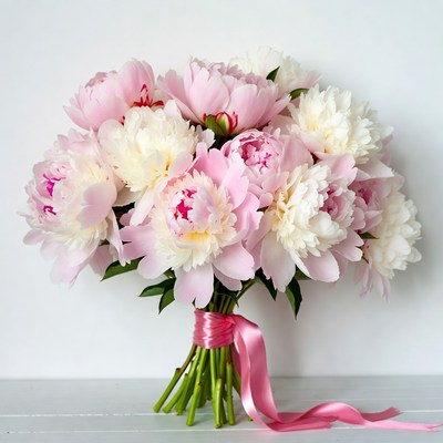 Pink peony bouquet with ribbon