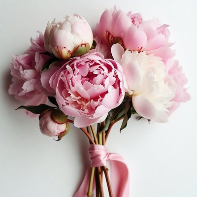 Pink peony bouquet on white background