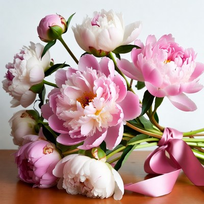 Flowers with ribbon on table