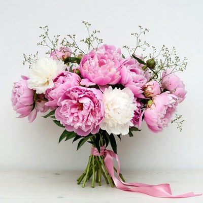 Pink flower bouquet with ribbon