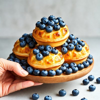 Freshly baked pastries with blueberries on display