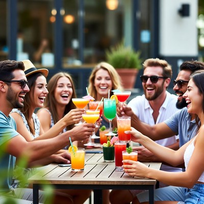 Friends enjoying drinks at outdoor bar
