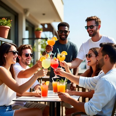 Friends toasting with drinks outside