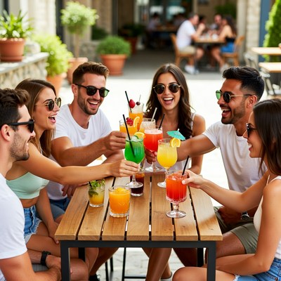 Friends enjoy drinks in outdoor seating