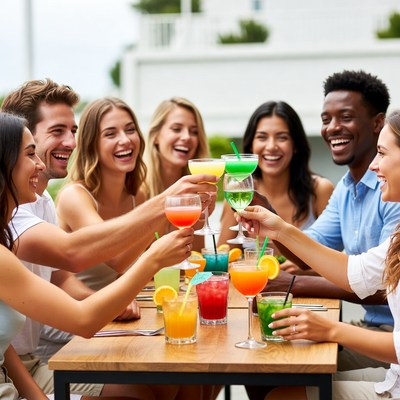 Friends gather to celebrate at outdoor table