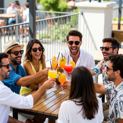 Friends enjoy drinks on a sunny day