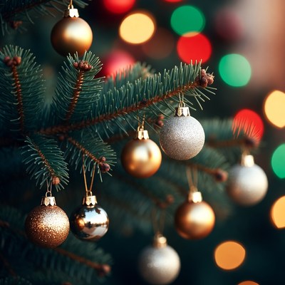 Christmas ornaments on pine tree