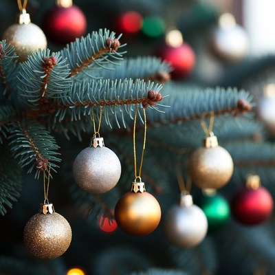 Decorated christmas tree branches with ornaments