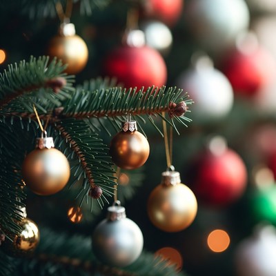 Christmas tree ornaments close up