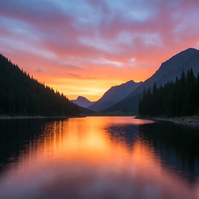 Sunset over mountain lake in autumn
