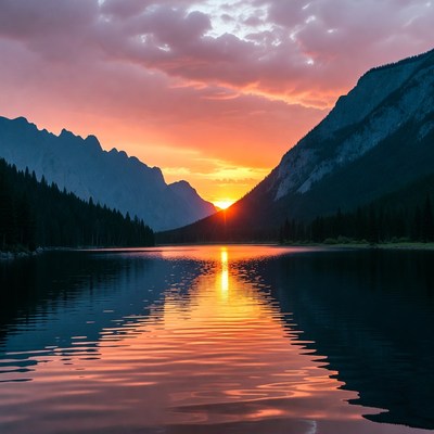 Sunset over lake and mountains
