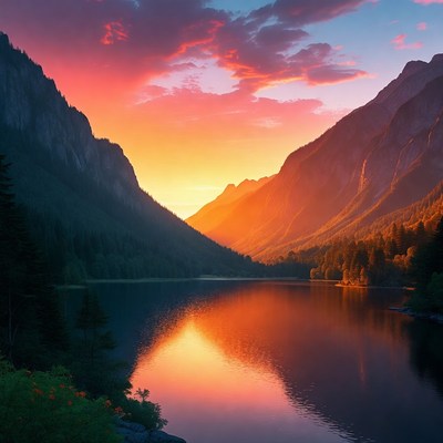 Sunset over mountain lake view
