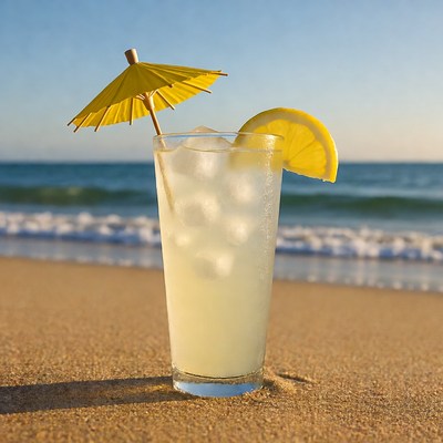 Lemonade with umbrella on beach sand