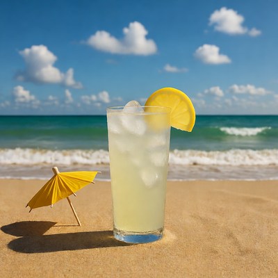 Refreshing drink on sandy beach