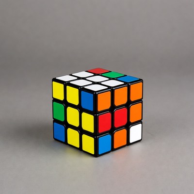 Colorful puzzle cube on gray surface