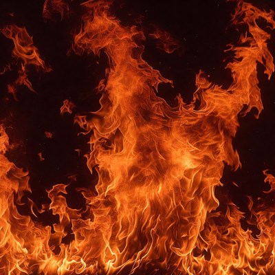 Bright flames dance in darkness