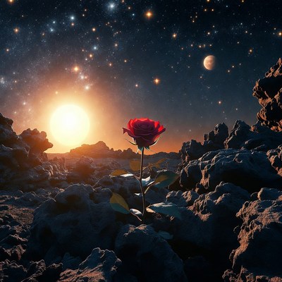 Red rose in cosmic landscape