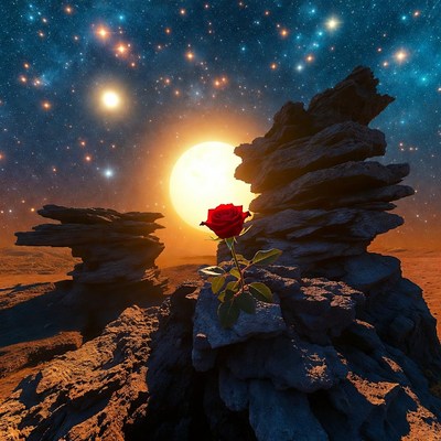 Roses on rocky surface under stars