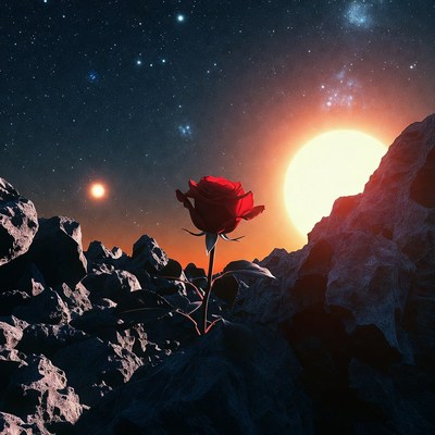 Rose on alien landscape at sunset
