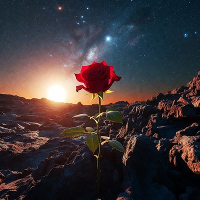 Rose on rocky landscape under stars