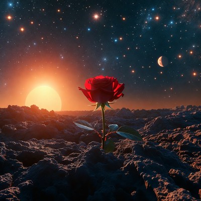 Rose in a cosmic landscape with stars