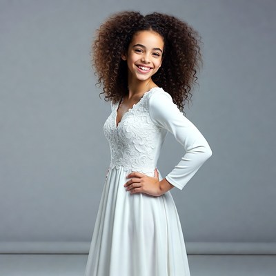 Girl in white dress smiles happily