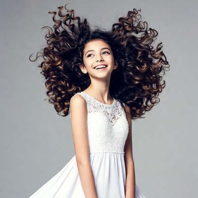 Girl with curly hair in white dress