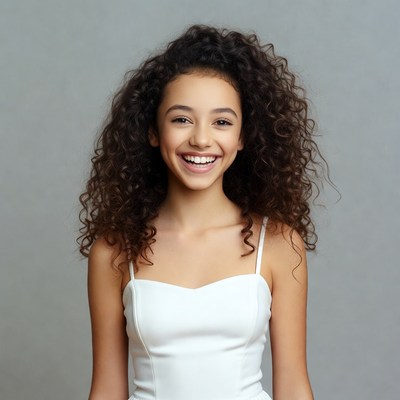 Girl smiles with curly hair in studio