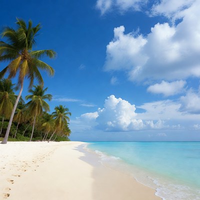 Tropical beach with palm trees and blue sky