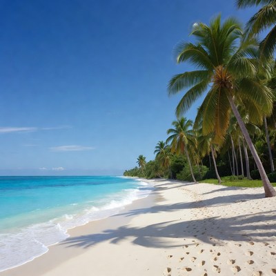 Scenic beach with palm trees by water