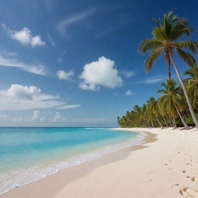 Clear beach with palm trees and blue sky