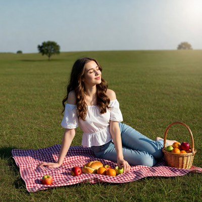 Woman enjoying picnic in field