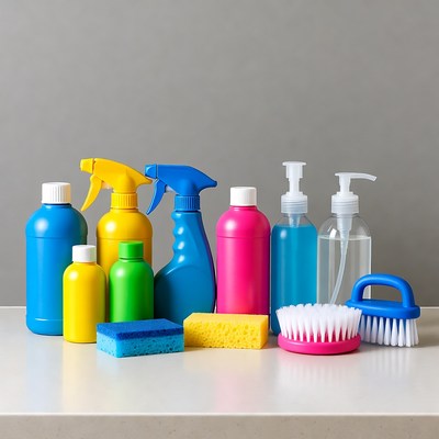 Cleaning supplies on a surface