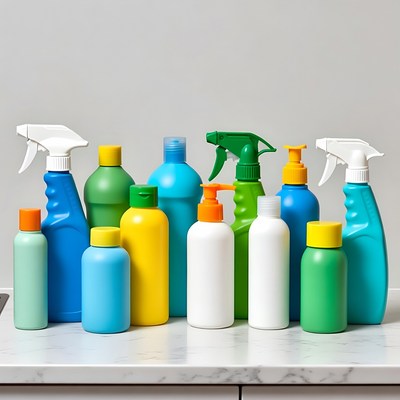 Cleaning supplies on kitchen counter