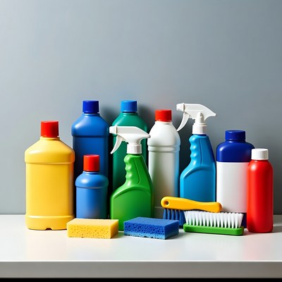 Cleaning supplies on a table in a kitchen