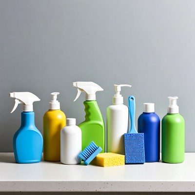 Cleaning supplies on a countertop display
