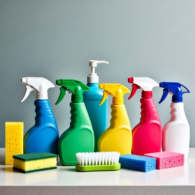 Cleaning supplies arranged on a table