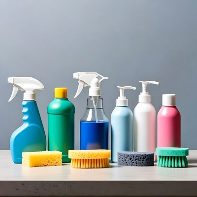 Cleaning supplies on a table