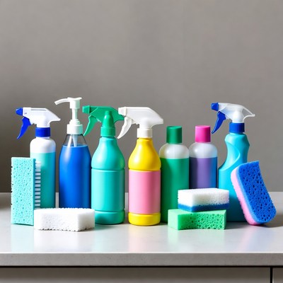 Cleaning supplies on a counter