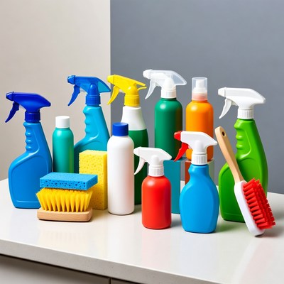 Cleaning supplies on a table display