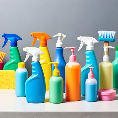 Cleaning supplies on a countertop display