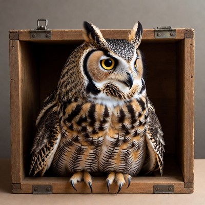 Owl sitting in wooden box