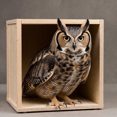 Owl sitting in a wooden box