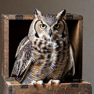 Owl sitting on wooden crate