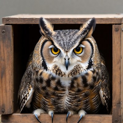 Owl in a wooden box