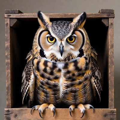 Owl sitting in wooden crate