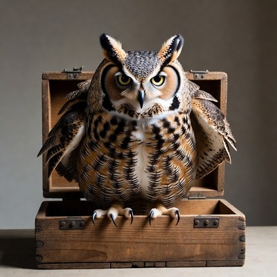 Owl sitting in a wooden box