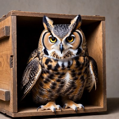 Owl sitting inside a wooden box