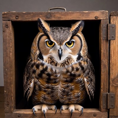 Owl sitting in wooden box