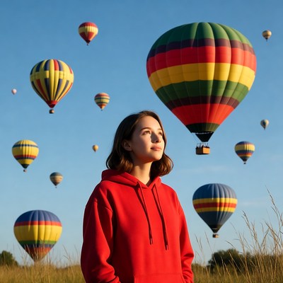 Hot air balloons fill the sky above a young girl